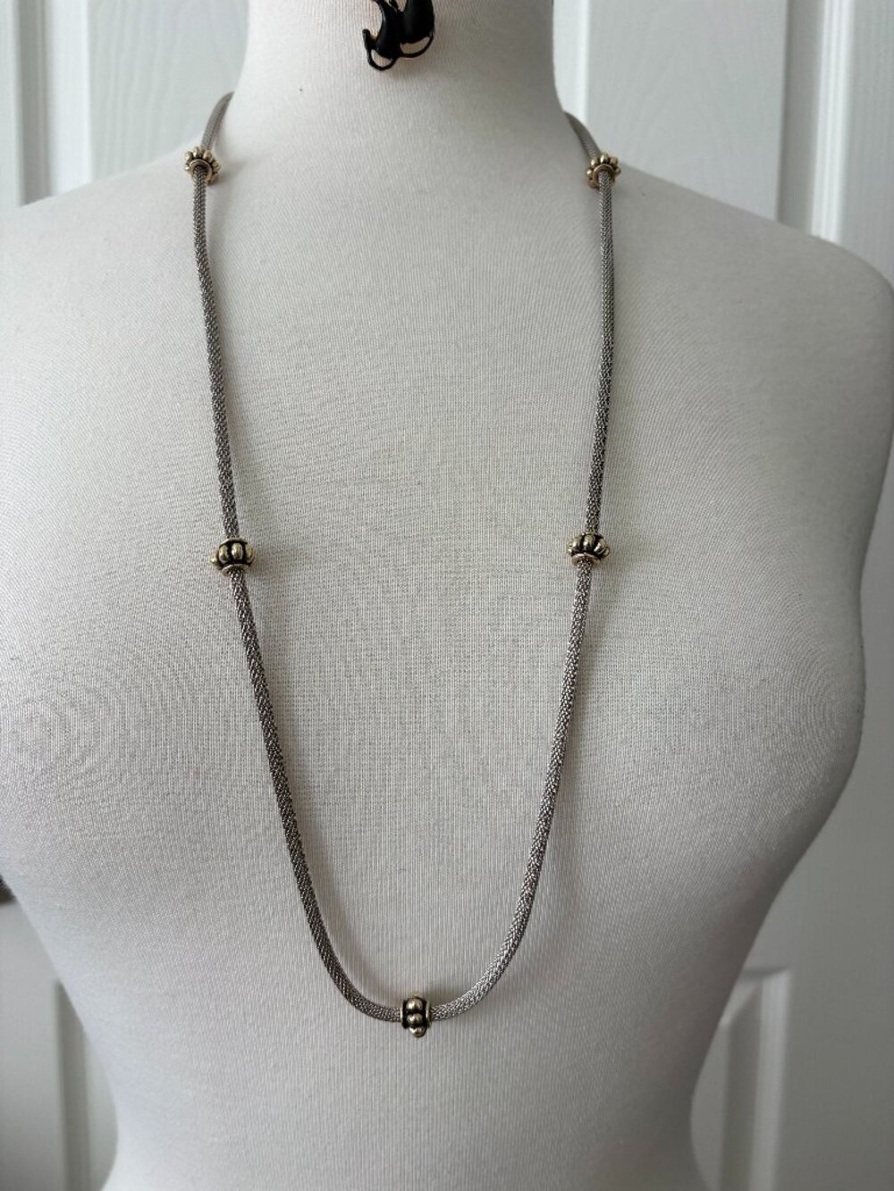32 Inch Silver Tone Mesh Necklace with Antiqued Gold Tone Stations